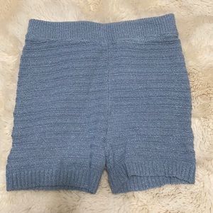 blue crochet shorts.